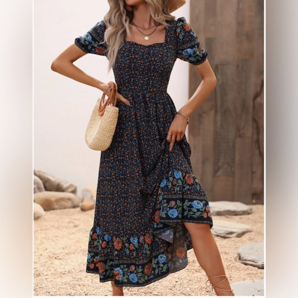 LAST ONE 🔥  Blue Boho Ditsy Floral Print Sweetheart Neck Ruffle Hem Dress